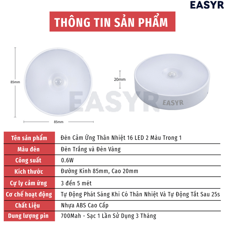 Đèn Led Cảm Ứng Thân Nhiệt Chuyển Đổi 2 Màu - EASYR